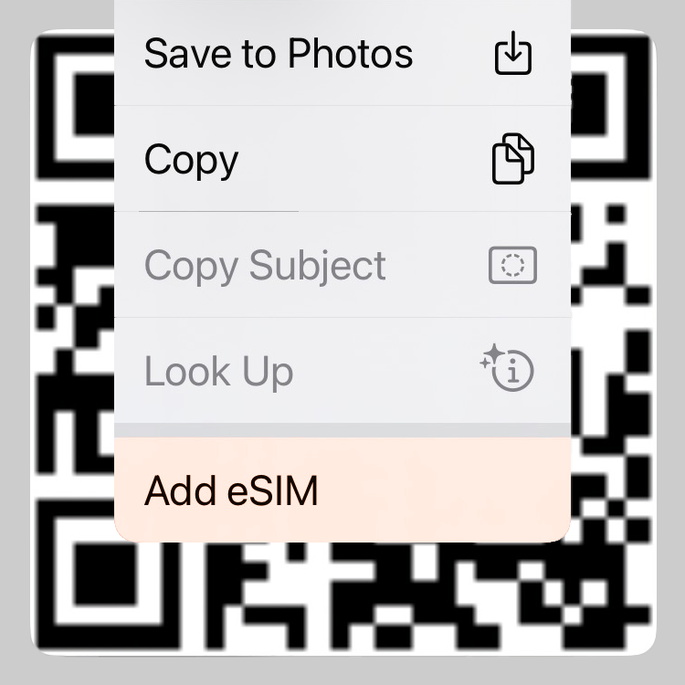 Hold your finger firmly on the QR code. The eSIM set up process will begin automatically!