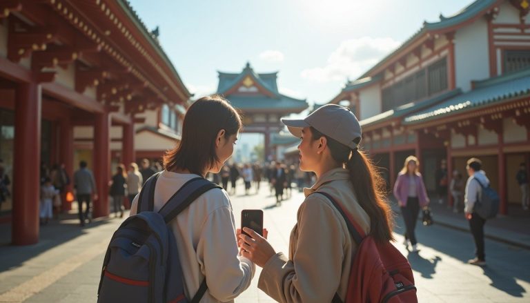 Couple exploring Asakusa near Senso-ji Temple using a smartphone for directions on a sunny day