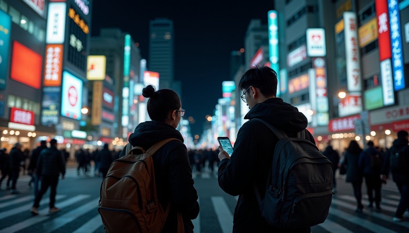 Tourist couple navigating with a phone at Shibuya Crossing Tokyo at night with neon lights and crowds