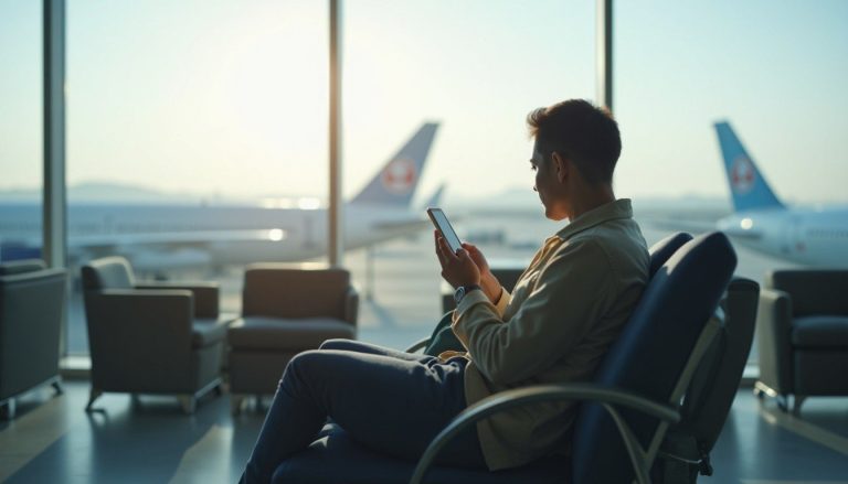 Traveller installing an eSIM on their phone at an airport departure lounge with planes visible through windows