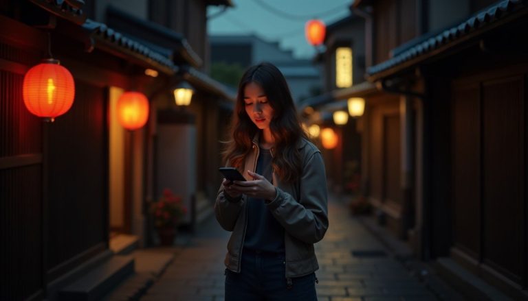 Traveller in a Kyoto alley at dusk holding a phone with a frustrated expression, lanterns glowing