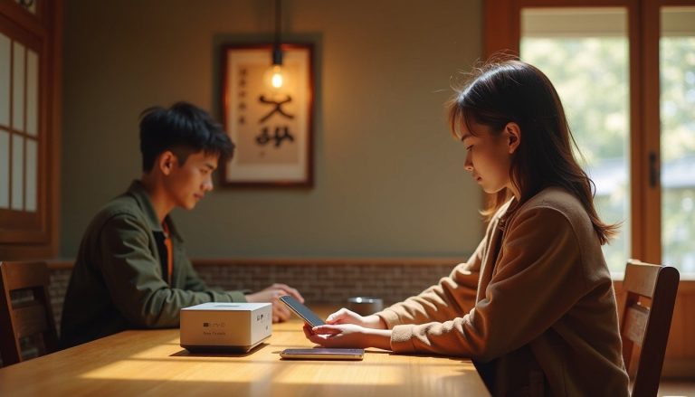 Traveller comparing a pocket WiFi device and smartphone on a wooden table inside a traditional Kyoto tea house
