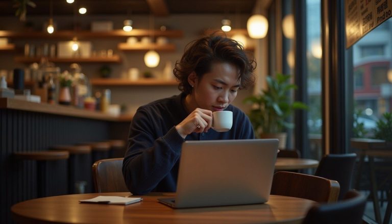Digital nomad working on a laptop in a modern Tokyo cafe with coffee and smartphone on the table