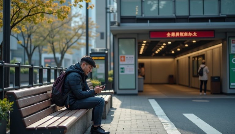 Backpacker sitting near a Tokyo subway entrance using a smartphone for travel navigation