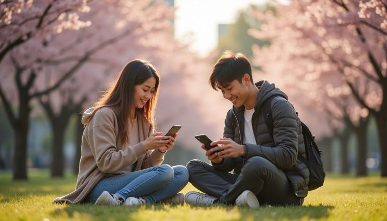 Couple in a Tokyo park checking smartphones under cherry blossoms, spring travel scene