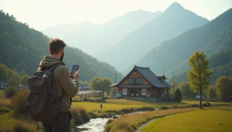 Traveller checking phone signal in a peaceful rural Japanese village with mountains and morning light