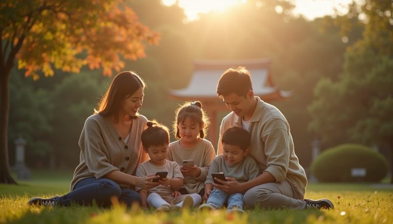 Family with children using smartphones together in a traditional Kyoto garden during afternoon light