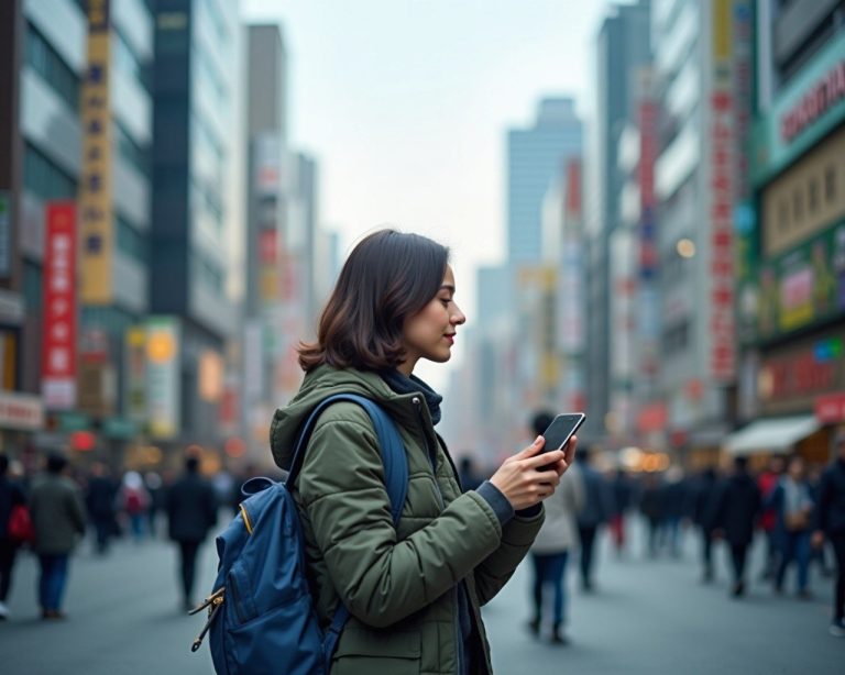 Tourist navigating busy Shinjuku streets in Tokyo holding a smartphone with tall buildings in the background